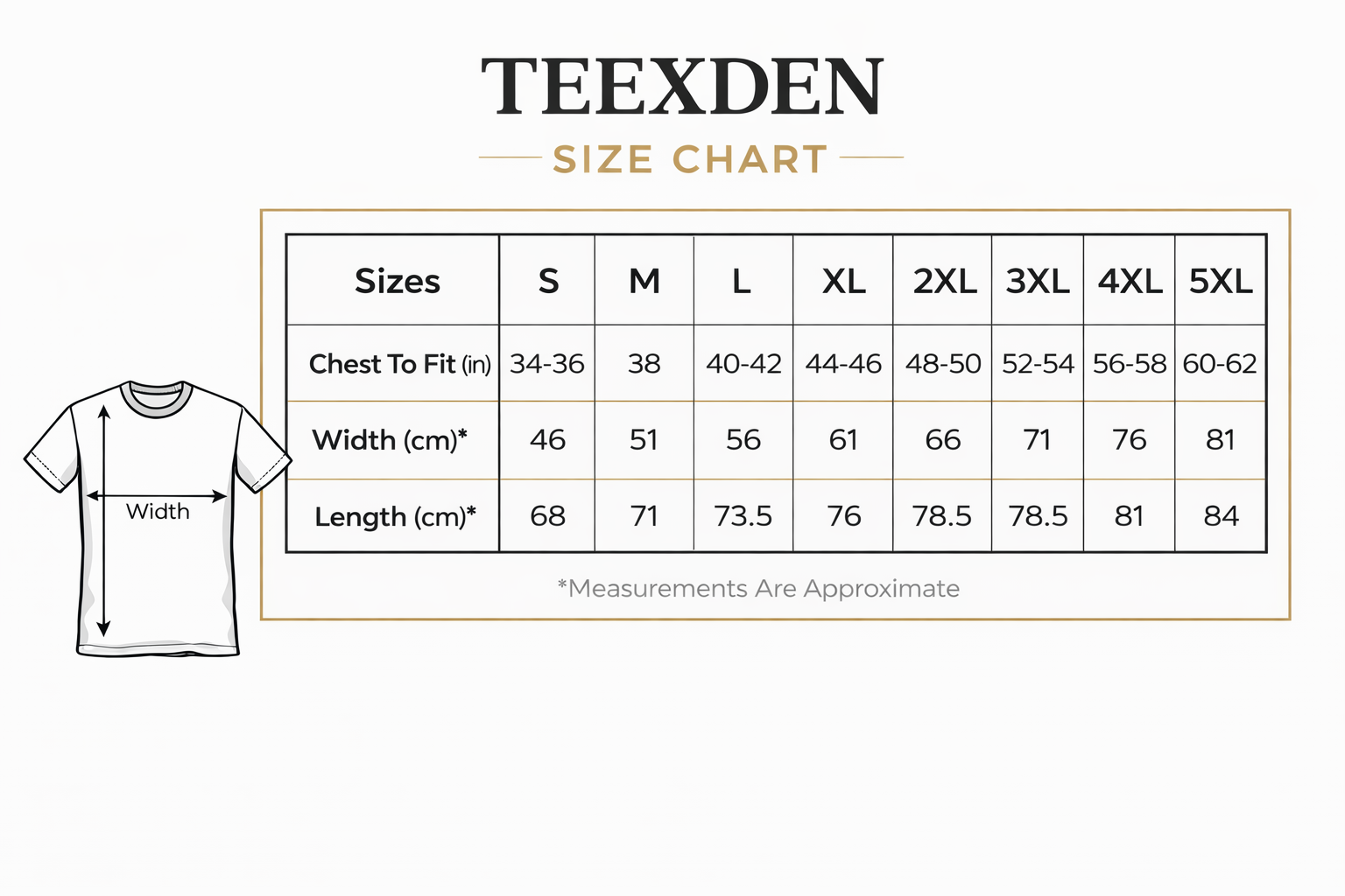 TEEXDEN T-shirt size chart from S to 5XL with chest, width and length measurements